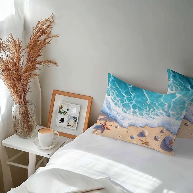 Ocean Beach Waterproof Outdoor Pillow Covers Set of 2 Home Decor, Coastal Nautical Starfish Shells Sea Waves Pillowcase Patio Pillow Covers for Couch Bench Furniture Garden 20x12in