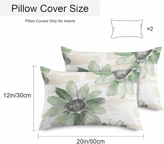 Vandarllin Outdoor Throw Pillows Covers 20x12 inch Set of 2 Waterproof Green Sunflower Decorative Zippered Cushion Covers for Patio Furniture, Floral Field Lumbar Pillowcases