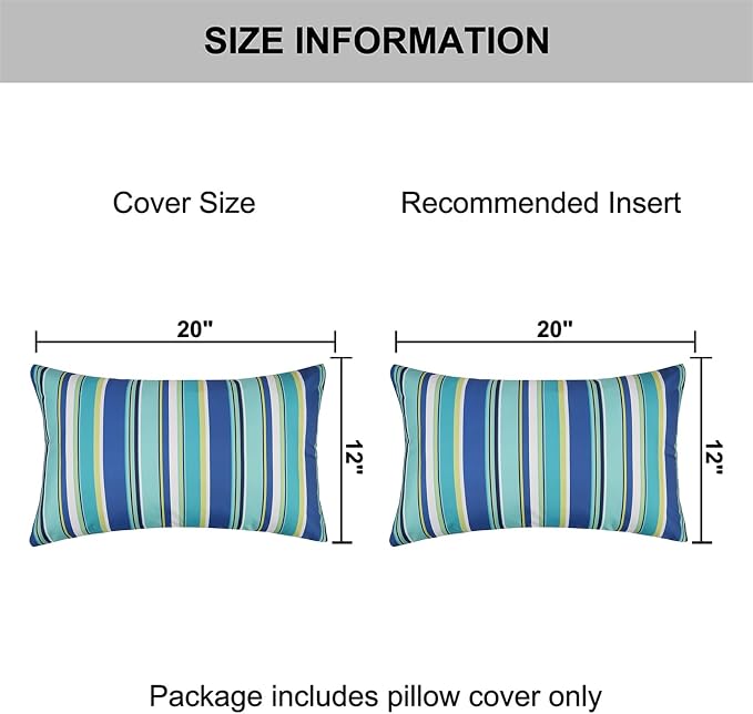 Adabana Patio Striped Outdoor Pillow Covers Waterproof Set of 2, 12"x20" | Colorful Decor, Blue Outdoor Pillows for Patio Furniture Garden Porch