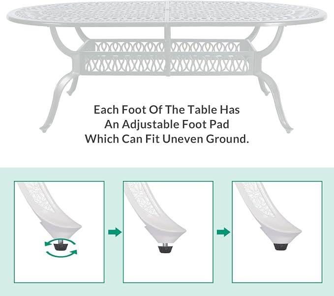 VIVIJASON Large Patio Dining Table, Outdoor Oval Dining Table Fits for 6-8 Person, White Cast Aluminum Rustic Patio Table with Umbrella Hole for Balcony, Porch and Deck