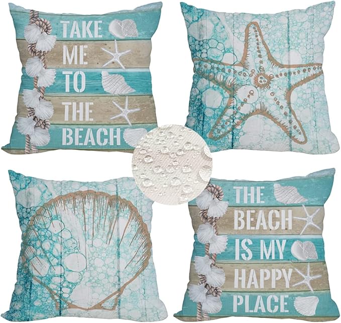 Outdoor Waterproof Throw Pillow Covers 20x20 inch Nautical Wood Beach Starfish Scallop Decorative Pillow Covers Coastal Theme Pillowcase for Patio Furniture Garden Set of 4, Turquoise Blue