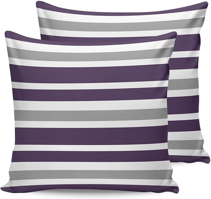 Outdoor Waterproof Throw Pillow Covers Set of 2 Grey Purple Stripes Decorative Outdoor Pillows Cushion Case 18x18 Inch Classic Striped Patio Pillows for Couch Sofa Bed Garden Office Home Decor
