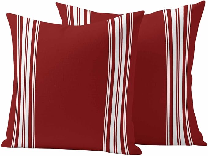 Outdoor Pillow Covers 18x18 Set of 2 Burgundy Red Stripe Outdoor Pillows Waterproof Throw Pillow Covers French Stripe Farmhouse Style Pillowcases Decorative Case for Patio Cushion