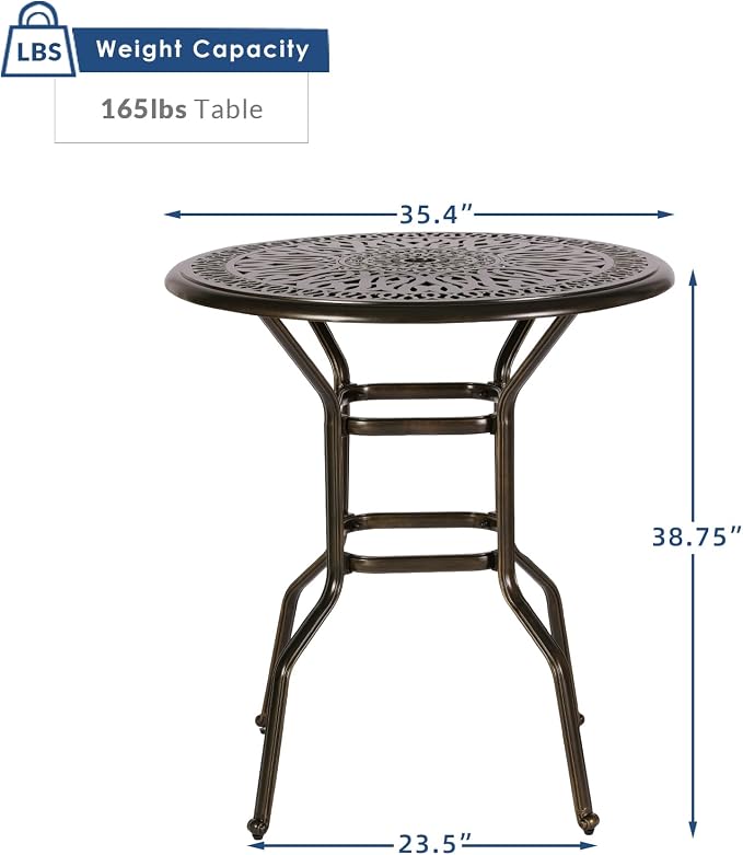 Outdoor Cast Aluminum Bar Table, 35.4" Patio Bar Height Table with 2" Umbrella Hole, All Weather High Top Bistro Round Dining Table for Outside Deck Porch Balcony Poolside, Dark Bronze
