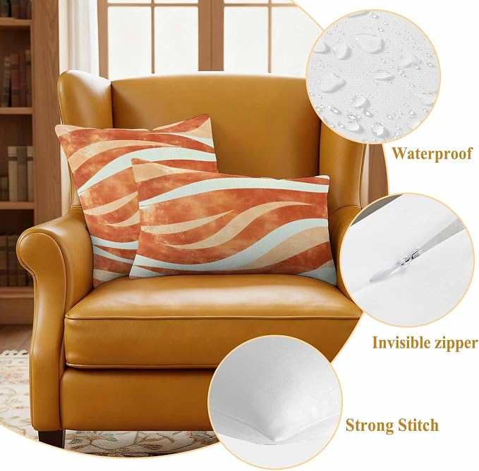 Burnt Orange Waves Waterproof Outdoor Pillow Covers Set of 2 Home Decor, Ombre Sea Ripples Shabby Beach Pillowcase Patio Pillow Covers for Couch Bench Furniture Garden 20x12in
