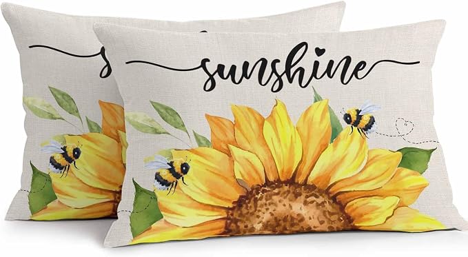 Vintage Yellow Sunflower Bee Outdoor Throw Pillow Covers Set of 2,Decorative Waterproof Pillowcase, Rustic Botanical on Linen Cushion Case for Patio Garden Couch Sofa Tent Bed 20x12 Inches