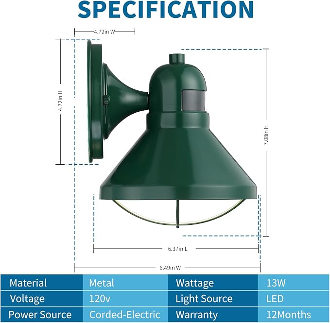 Dusk to Dawn Motion Sensor LED Outdoor Wall Light Fixture Green | Exterior Sconce Lighting Rustic Farmhouse Porch Lamp Waterproof Outside Barn Light Wall Mount for House Patio Garage