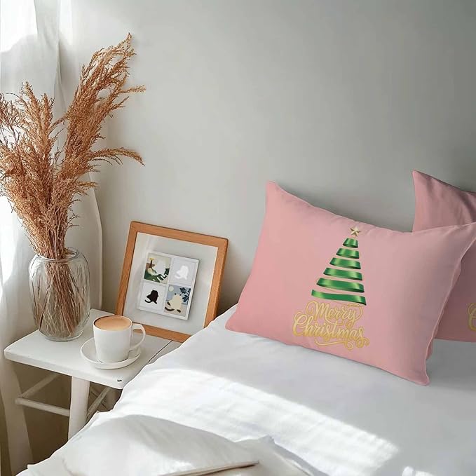 Pink Christmas Tree Lumbar Pillow Covers 12 x 20 Inches, Green Xmas Tree with Star Waterproof Throw Pillow Cover Set of 2, Christmas Pink Decorative Rectangle Cushion Covers for Patio/Couch