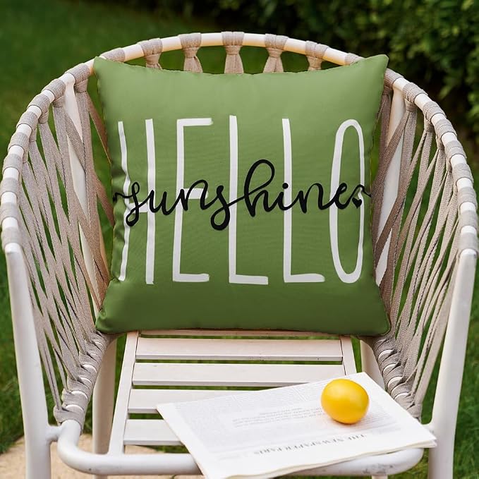 DFXSZ Olive Green Outdoor Waterproof Pillow Covers 16x16 Set of 2 | Hello Sunshine Decor Spring Summer Polyester Pillow Covers(NO INSERTS)| Decor for Patio Funiture Garden Sofa Couch