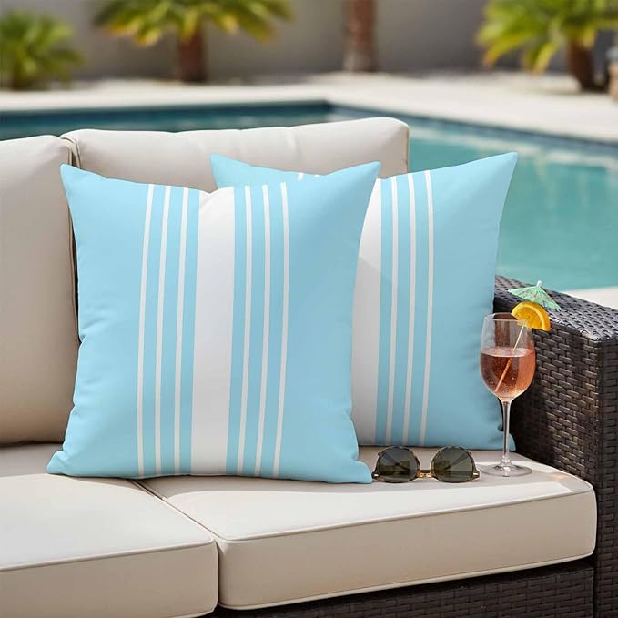 Aqua White Stripe Outdoor Pillow Covers 16x16 Inch Throw Pillow Covers Set of 2 Waterproof Decorative Pillow Cases Modern Rustic Vertical Striped Cushion Covers for Patio Furniture Garden Couch Sofa