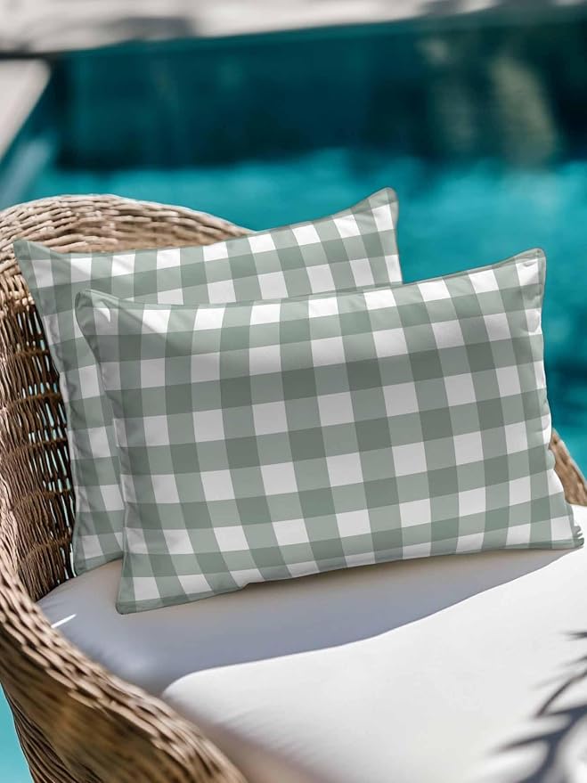 Waterproof Outdoor Pillow Set of 2 Sage Green Buffalo Plaid Decorative Throw Pillows Cover & Insert 20x12 Inch Lumbar Pillowcase Check Lines Pillows for Couch Sofa Bed Patio Furniture Indoor Outdoor