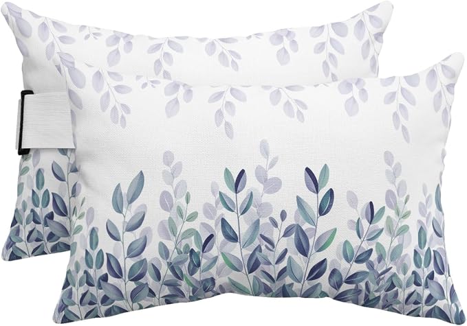 Outdoor Pillows Waterproof Covers Set of 2, Blue Eucalyptus Leaf Adjustable Elastic Chaise Lounge Headrest Pillow Covers, Spring Watercolor Leaves Lumbar Pillow for Pool Patio Furniture 11x16 Inch