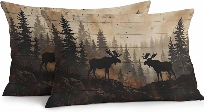 Nature Landscape Outdoor Waterproof Pillow Covers Pack of 2, Rustic Moose Forest Pine Silhouettes Wildlife Throw Pillowcases Decorative Cushion Covers for Garden Patio Tent Sofa Couch, 20x12 inch