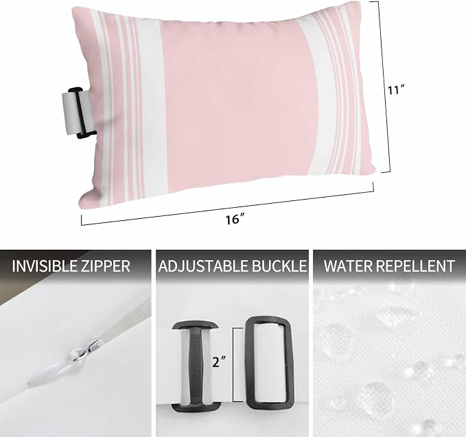 Outdoor Lumbar Pillow Set of 1, Farmhouse Pink Waterproof Beach Headrest Pillow with Inserts, Aesthetic Modern Line Striped Recliner Throw Pillows for Patio Furniture, 11 x 16