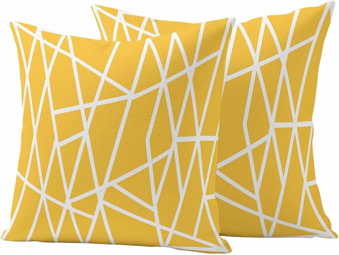 Outdoor Pillow Covers Waterproof, Yellow Geometric Decorative Square Throw Pillowcases Patio Cushion Covers for Tent/Garden, 18" x 18" 2 Pack, Abstract Stripes Modern Minimalist