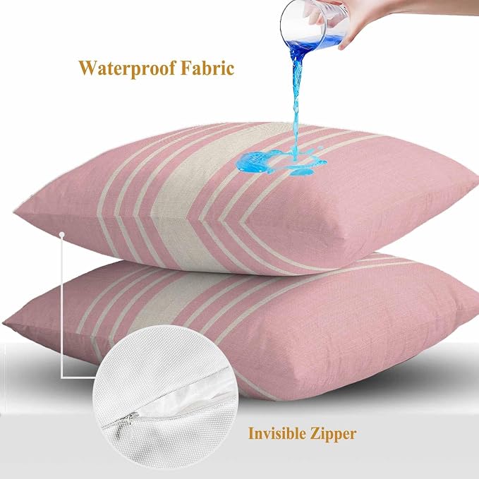 Throw Pillow Covers 18x18 Inch Set of 2, Pink Beige Striped Waterproof Outdoor Cushion Covers, Modern Farmhouse Retro Lines Decorative Pillowcases for Couch, Sofa, Bed, Garden, Patio