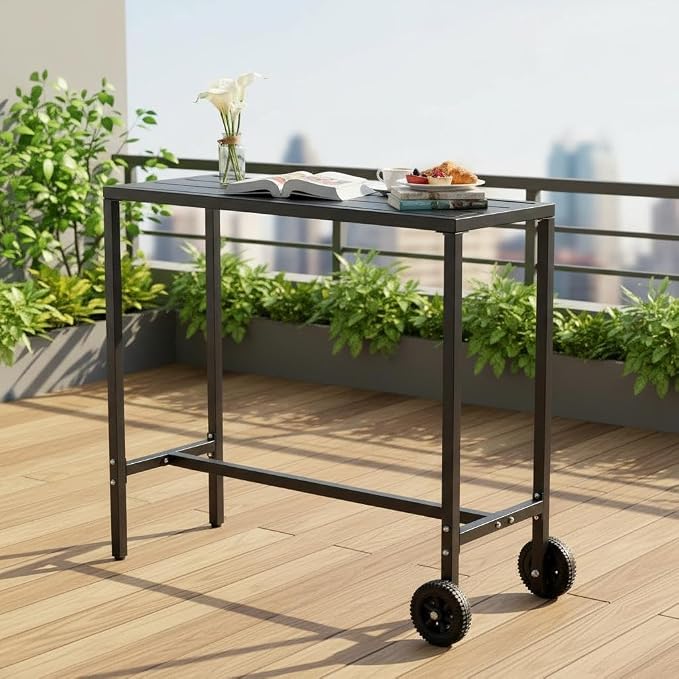 Takywep 39 Inch Counter Height Outdoor Bar Table with Wheels & Adjustable Leveling Feet, Multipurpose High Top Bar Table for Kitchen, Home Bar, Patio, Balcony, Black