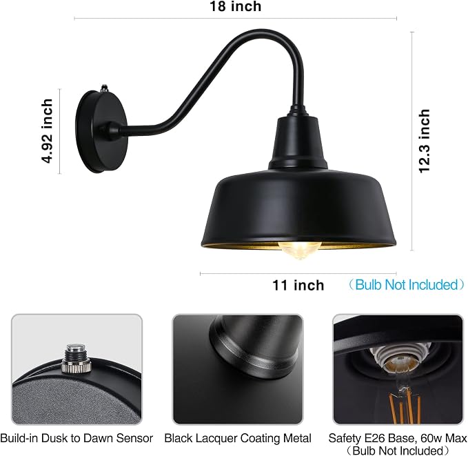 Gooseneck Barn Light, 11inch Dusk to Dawn Black Outdoor Wall Sconce | Weatherproof Steel Exterior Large Lighting Fixture, E26 Base, Easy DIY Install for Porch, Garage, Barn, Farmhouse(1 PC)