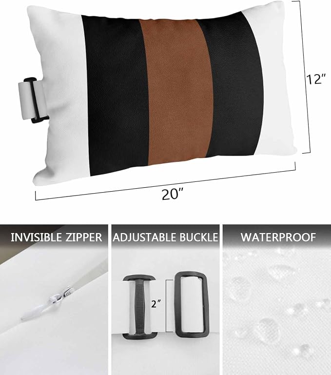 Pack of 2 Outdoor Pillows with Inserts, Boho Modern Vintage Farmhouse Black Brown Stripes Waterproof Fluffy Lumbar Cushion Covers, Patio Furniture Pillows for Balcony Garden Decor (12"x20")