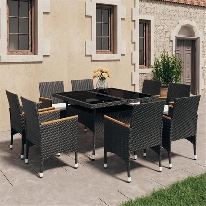 Afuera Living 9-Piece Outdoor Dining Set, Black Poly Rattan and Acacia Wood, Weather-Resistant, Removable Cushion Covers, Modern Style Patio Furniture for Garden or Deck Seating