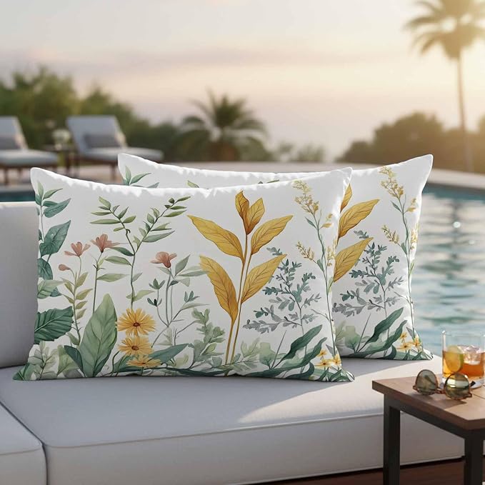 Outdoor Pillow Covers 20x12 Set of 2, Yellow Green Botanical Waterproof Patio Throw Pillow Covers for Couch Sofa Chair, Rustic Watercolor Leaves Decorative Pillowcases for Throw Pillows