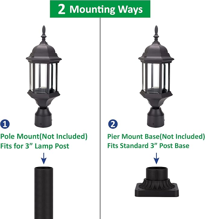 Outdoor Post Light, Rustproof Aluminum Pole Lamp, Black | Exterior Lamp Post Light Fixture for Garden, Yard, Pathway, Waterproof, Glass, E26 Base, Max 60W, 1 Pack