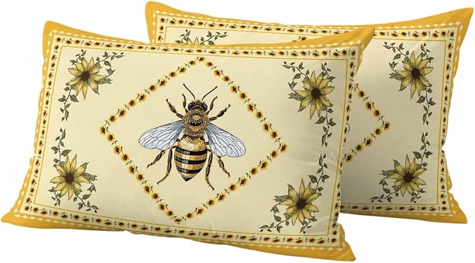 Sunflowers and Bee Outdoor Pillow Covers Set of 2, Farmhouse Retro Floral Decorative Waterproof Throw Pillow Case, Animal Honeybee Cushion Pillowcases for Couch Garden Patio 20x12In