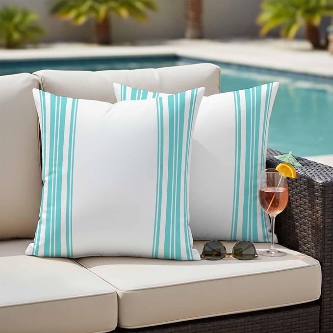 Outdoor Waterproof Throw Pillow Covers Set of 2 Turquoise Stripes Pillowcases 24x24 Inches White Vertical Striped Decorative Pillows Cushion Case Patio Pillows for Couch Bed Chair Garden
