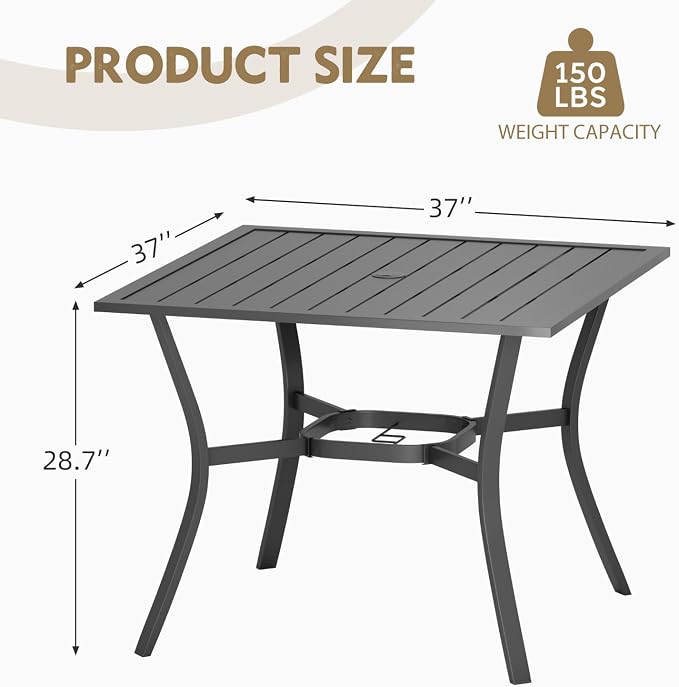 MELLCOM 37''x37'' Outdoor Dining Table for 4, Metal Patio Dining Table with 1.57'' Umbrella Hole and Adjustable Feet, All-Weather Black Square Table for Porch, Garden, Backyard, Poolside