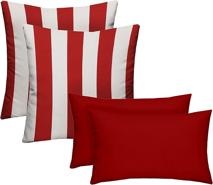 RSH DECOR Set of 4 Square and Lumbar Accent Pillows | Indoor/Outdoor All Weather Polyester Fabric | Reversible | 17" x 17" & 20" x 12" | Red & White Stripe + Heritage Red