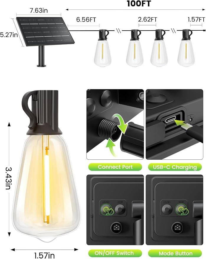 Svater 100 FT Solar Outdoor String Lights with Remote, ST38 Patio Lights Shatterproof Dimmable Vintage Edison Bulbs - Solar Powered Weatherproof Light for Patio, Backyard, Garden, Bistro