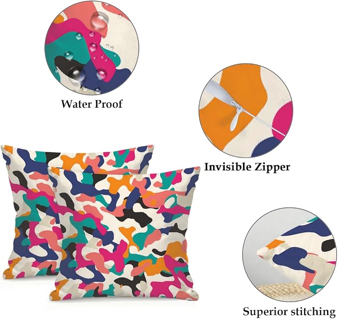 18x18 Inch Outdoor Pillow Covers Set of 2 Waterproof Throw Pillow Covers Decorative Couch Cushion Covers Colorful Camouflage Art Square Pillowcases Protectors for Patio Garden Sofa