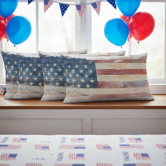 Retro American Flag Outdoor Pillow Covers 20"x12" Set of 2, Independence Day Waterproof Throw Pillow Covers for Patio Furniture, Decorative Cushion Covers for Porch
