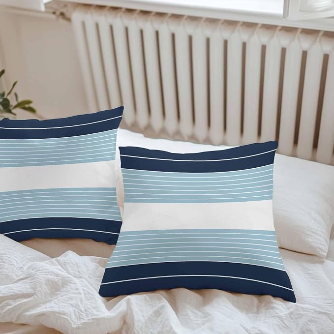 Navy Blue Aqua Stripe Outdoor Pillow Covers Waterproof, All Weather Cushion Case Set of 2, Modern Art Horizontal Striped Decorative Pillowcases for Sofa Couch Bed Decor Patio Furniture 16"x16"