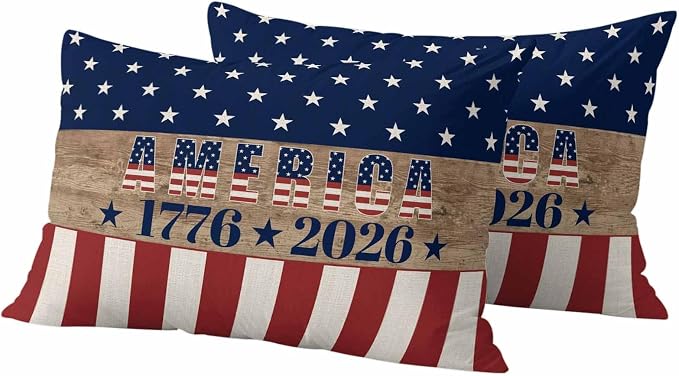 250th Anniversary Outdoor Pillow Covers 20"x12" Set of 2, Waterproof Throw Pillow Covers for Patio Furniture, USA Flag Red Striped Blue Star Retro Decorative Cushion Covers for Porch