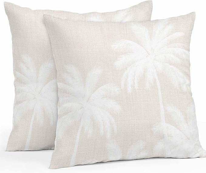 Outdoor Pillow Covers 24x24 Inch Set of 2, Cream Palm Trees Waterproof Throw Pillow Covers, Farmhouse Tropical Summer Beach Decorative Cushion Pillowcases for Couch, Sofa, Bed, Garden, Patio