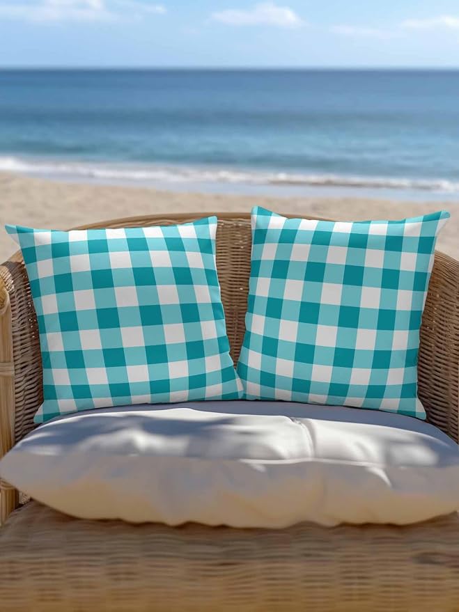Waterproof Outdoor Pillow 1 Pack Turquoise Buffalo Plaid Decorative Throw Pillows Cover & Insert 18x18 Inch Pillowcase Check Lines Square Pillows for Couch Sofa Bed Patio Furniture Indoor Outdoor
