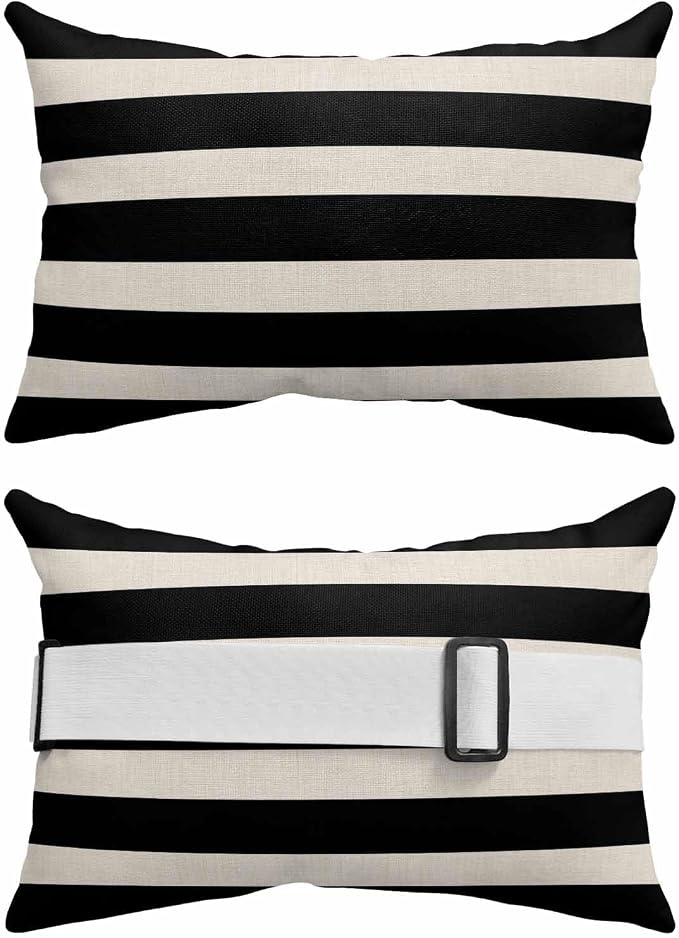 Modern Stripes Lines Outdoor Head Pillows for Recliner Lounge Chair,Pack of 2 Waterproof Throw Pillow Cushion Cases with Insert&Elastic Strap,Vintage Black and White Neck Pillow for Patio Beach