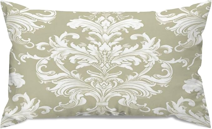 Set of 2 Tan Off Green White Damask Pattern Print Decorative Throw Pillow Covers 12x20in Farmhouse Rectangle Accent Pillow Cases Cushion Cover Cases for Sofa Chair Bedroom Home Decor