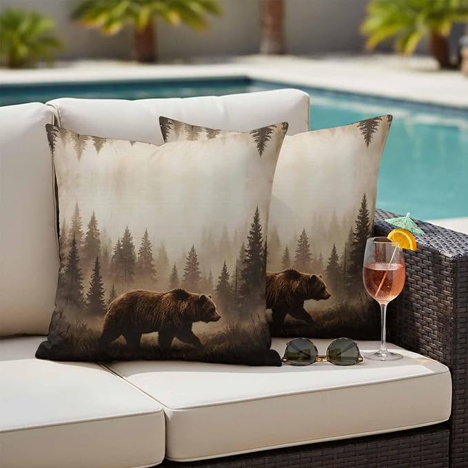 Yukro Nature Landscape Outdoor Waterproof Pillow Covers Pack of 2, Rustic Brown Bear Misty Forest Pine Tree Throw Pillowcases Decorative Cushion Covers for Garden Patio Tent Sofa Couch, 26x26 inch