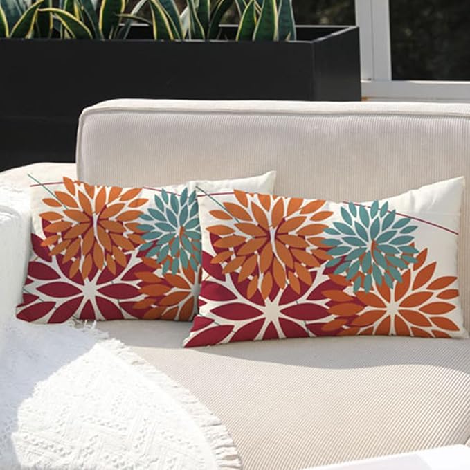DFXSZ Pack of 2 Outdoor Waterproof Throw Pillow Covers 12x20 Burnt Orange | Polyester Spring Summer Fall Floral Decorative Cushion Cases(NO INSERT),For Couch Patio Funiture Garden Home Decor