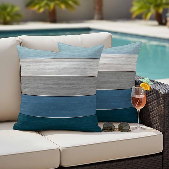 Outdoor Throw Pillow Covers 16X16 Set of 2 Waterproof Ombre Blue Gray Decorative Zippered Cushion Covers for Patio Furniture, Farmhouse Retro Rustic Barn Wood Texture Lumbar Pillowcases Ocean Hues