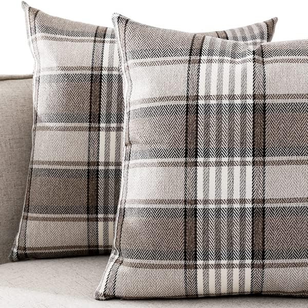 Farmhouse Brown Plaid Pillow Covers 18x18, Cottage Core Decor for Couch Bed | Set of 2, Fall Winter Decorative Accent Throw Pillow Cover 18 x 18, Vintage Neutral Rustic, Brown Tan Khaki Gingham Checkered