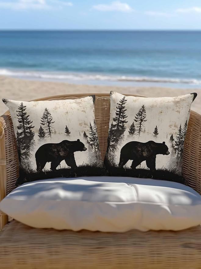 Outdoor Waterproof Throw Pillows Forest Brown Bear Silhouette Patio Pillows Pack of 2,Decorative Pillow Covers with Insert,Pillow Cushion Case for Garden Couch Sofa Minimalist Modern Art
