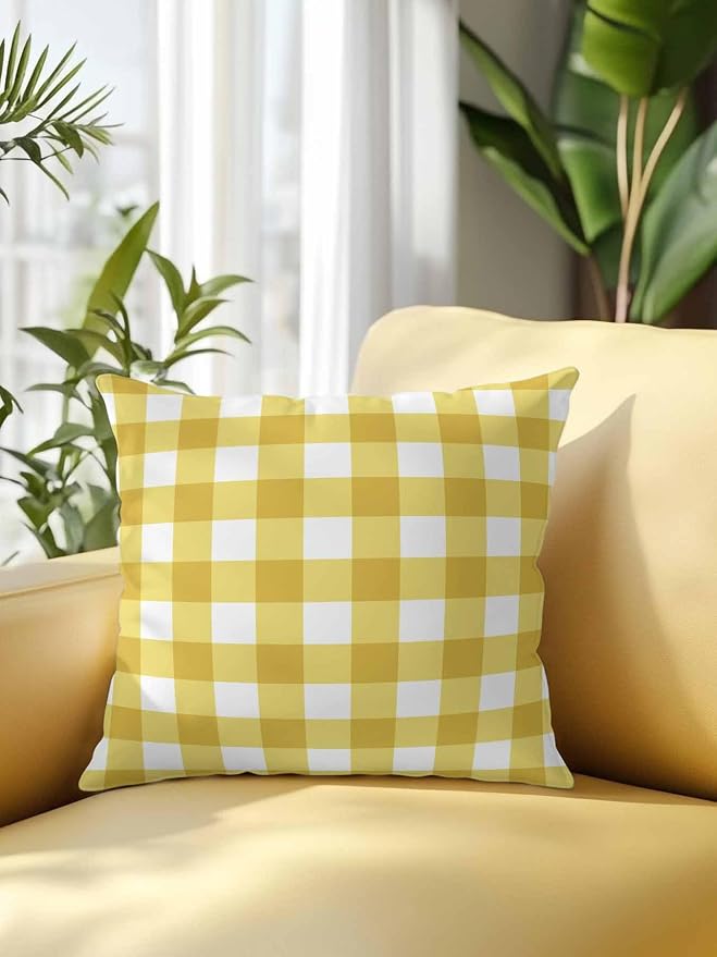 Waterproof Outdoor Pillow 1 Pack Yellow Buffalo Plaid Decorative Throw Pillows Cover & Insert 18x18 Inch Pillowcase Check Lines Square Pillows for Couch Sofa Bed Patio Furniture Indoor Outdoor