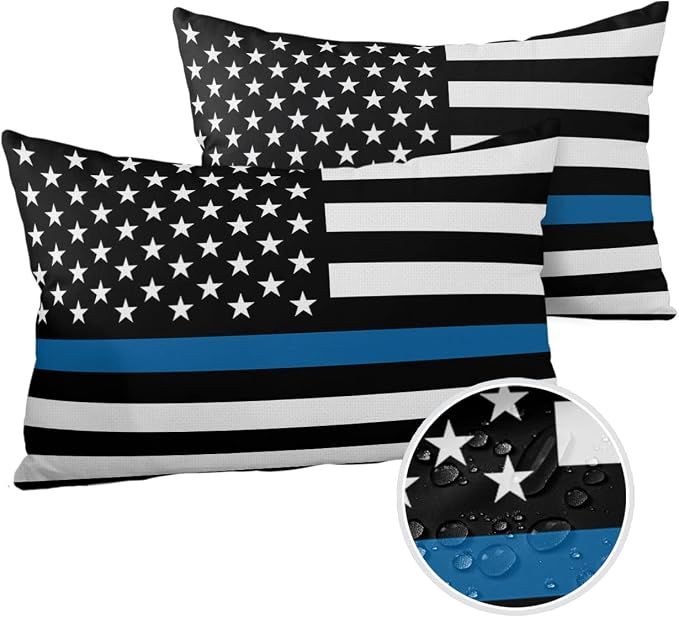 Outdoor Waterproof Pillow Covers Set of 2, Thin Blue Line Flag American Police Flag Honoring Law Enforcement Officers Patio Throw Pillow Covers, Decorative Cushion Case for Sofa Furniture, 20x12 Inch