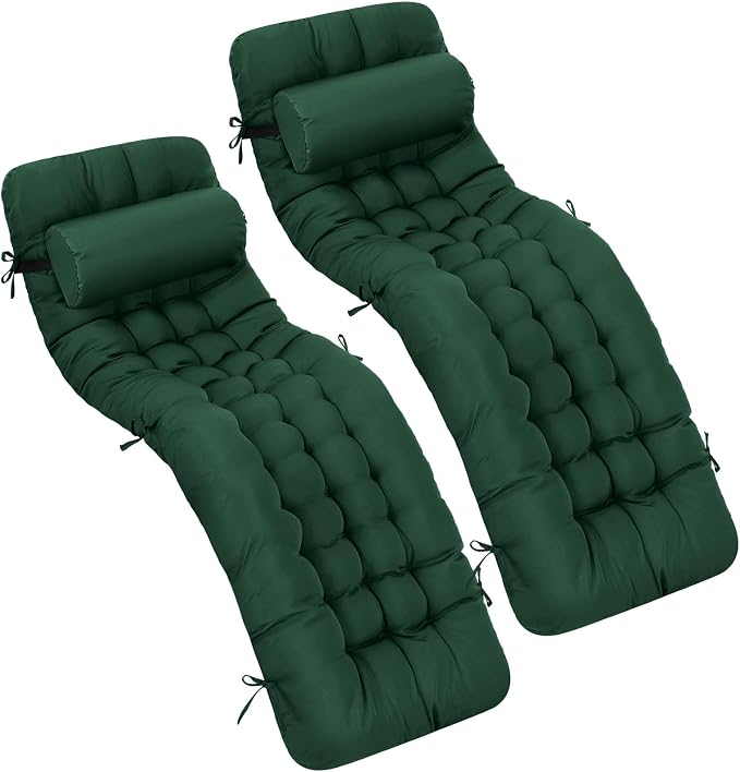 Tudomro Outdoor Chaise Lounge Cushion 66x21x4'' Waterproof & Fade-Resistant Patio Pool Chaise Lounge Cushion Headrest Pillow Tie Replacement Rocking High Back Chair(Hunter Green,Set of 2)