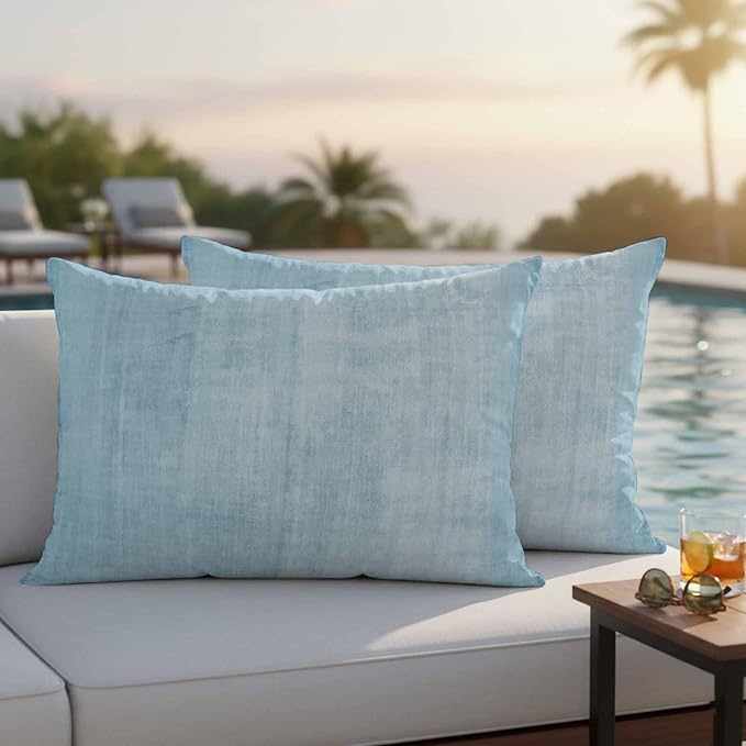 Vandarllin Outdoor Throw Pillows Covers 20x12 inch Set of 2 Waterproof Sky Blue Linen Decorative Zippered Cushion Covers for Patio Furniture, Solid Color Texture Lumbar Pillowcases