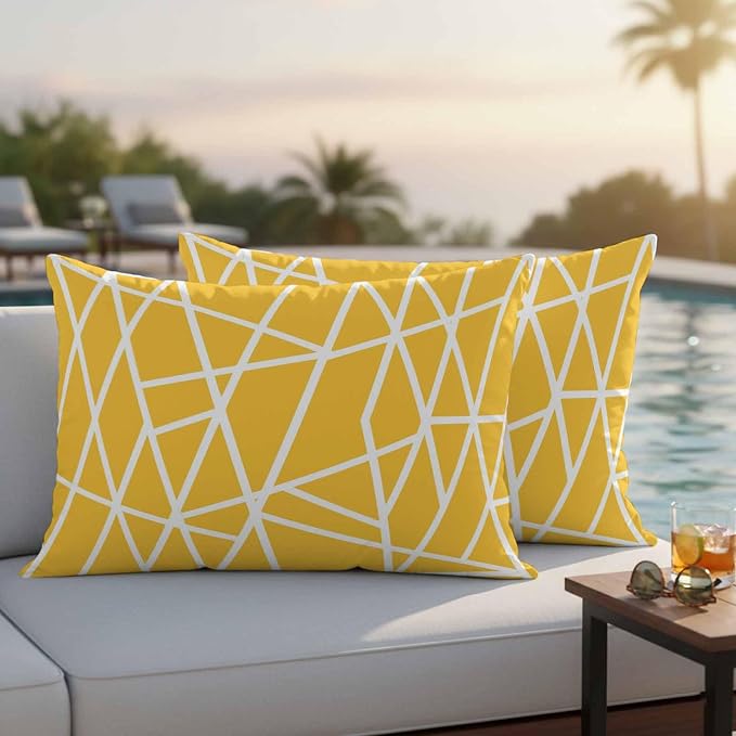 Outdoor Pillow Covers Waterproof, Yellow Geometric Decorative Rectangle Throw Pillowcases Patio Cushion Covers for Tent/Garden, 20" x 12" 2 Pack, Abstract Stripes Modern Minimalist