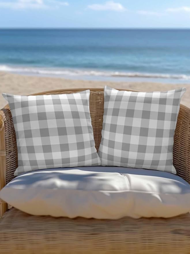 Waterproof Outdoor Pillow Set of 2 Grey Buffalo Plaid Decorative Throw Pillows Cover & Insert 18x18 Inch Pillowcase Check Lines Square Pillows for Couch Sofa Bed Patio Furniture Indoor Outdoor